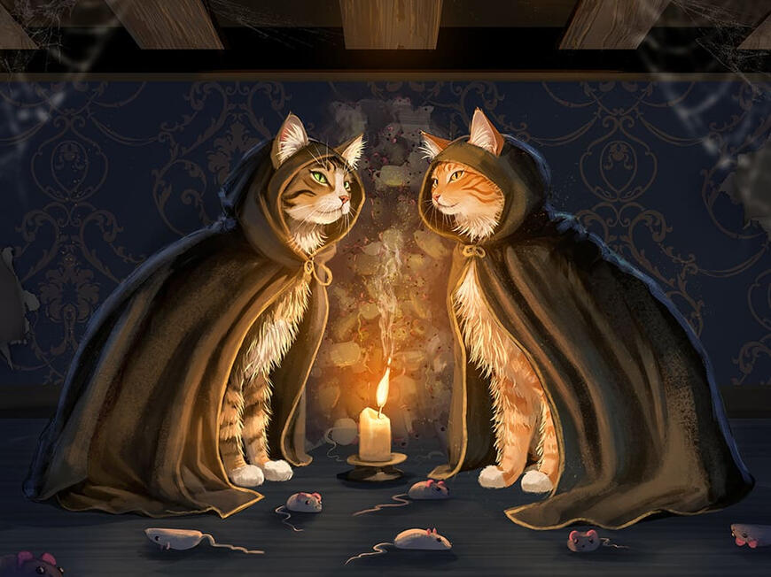 Two cats in robes and hoods stand beside a flickering candle, creating a whimsical and mysterious atmosphere