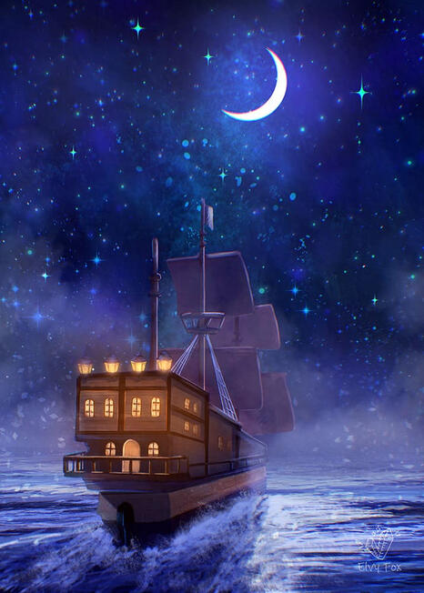 The night sea and ship illustration