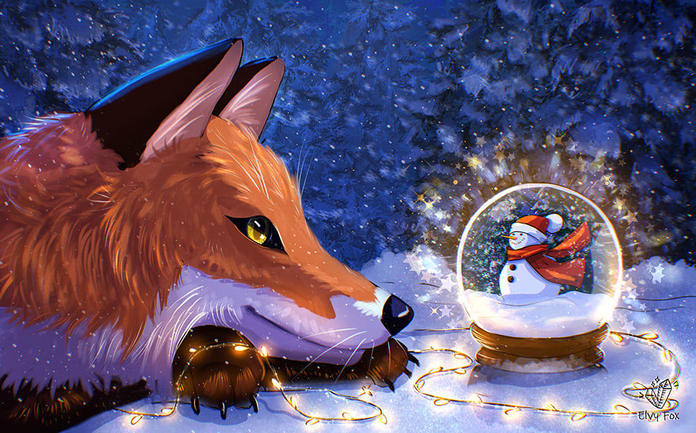 Christmas magic An illustration of a fox and a snowman inside a snow globe, surrounded by sparkling snowflakes.