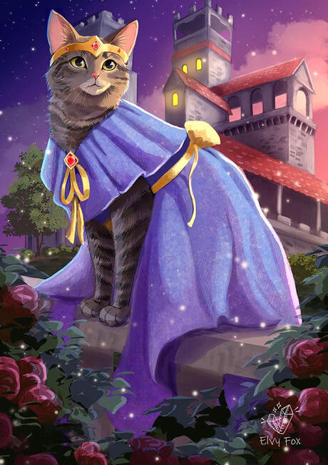 Cartoon portrait of the princess cat. A cat in a purple dress perched on a stone wall, illustrated with vibrant colors and charming details.
