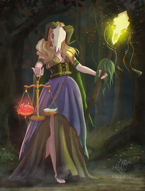 Witch in the dark forest. In this illustration, a woman in a dress balances a heart and feather on a scale, holding a green light.