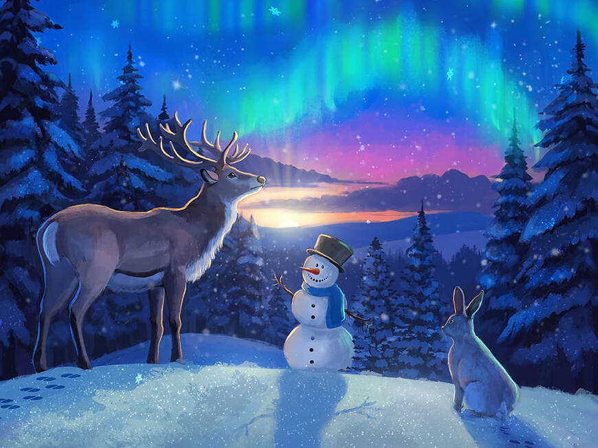 Winter in the Forest Cristmas illustration. An illustration of a snowman and a deer in a snowy landscape illuminated by vibrant aurora lights above.