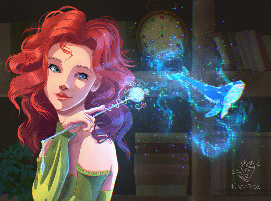Fantasy illustration of red haired witch girl and whale