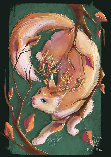 Autumn Spirit Orange cat with antlers as autumn spirit. A charming illustration featuring a cat embellished with leaves, highlighting the beauty of nature intertwined with feline grace.