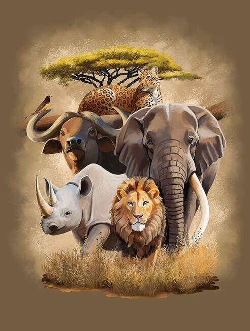 A digital illustration of Africa's "Big Five" animals in a stylized, semi-realistic art style.