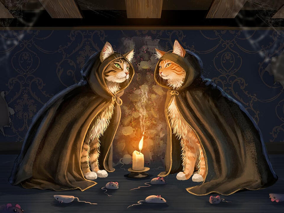 Two cats in robes and hoods stand beside a flickering candle, creating a whimsical and mysterious atmosphere.