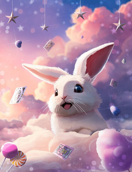 Happy rabbit in the pink clouds. A charming illustration depicting a white rabbit on a cloud, surrounded by delightful candy and shining stars.