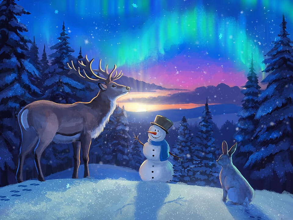 Winter in the Forest Cristmas illustration. An illustration of a snowman and a deer in a snowy landscape illuminated by vibrant aurora lights above.