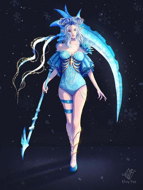 Character design. Illustration of a woman in blue and white attire, confidently holding a scythe, showcasing a unique character design.