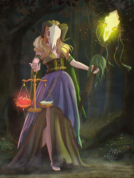 The Forest Witch Witch in the dark forest. In this illustration, a woman in a dress balances a heart and feather on a scale, holding a green light.