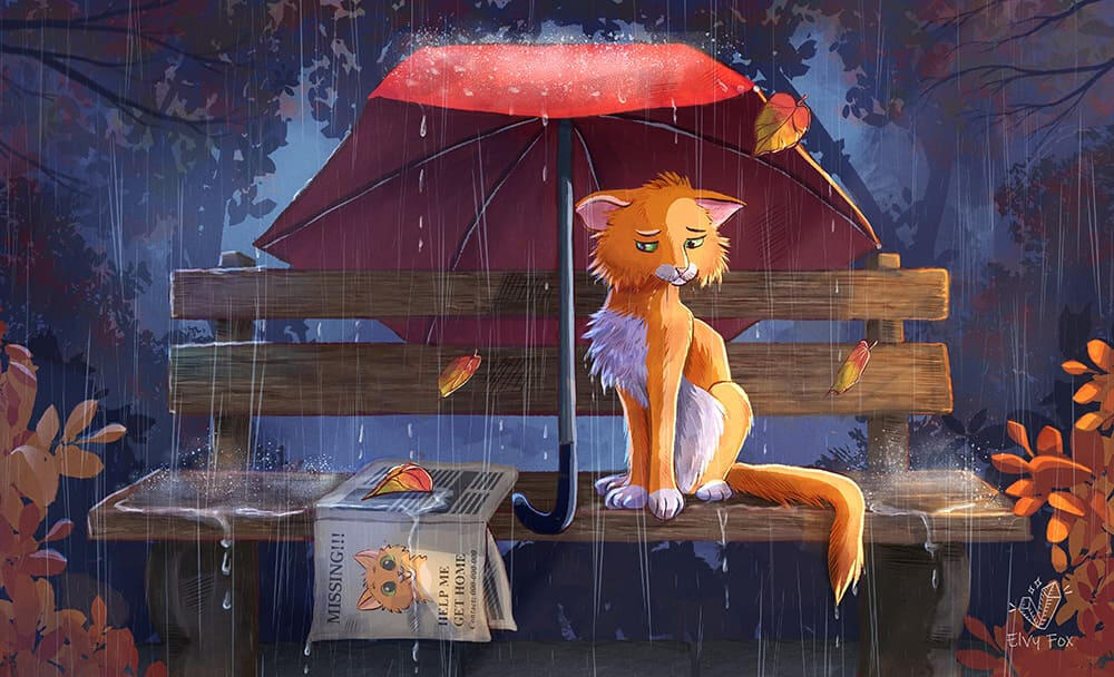 Lost in the Fall Sad orange cat autumn illustration. An illustration showing an orange cat on a bench, rain cascading down, capturing a peaceful moment in a rainy setting.